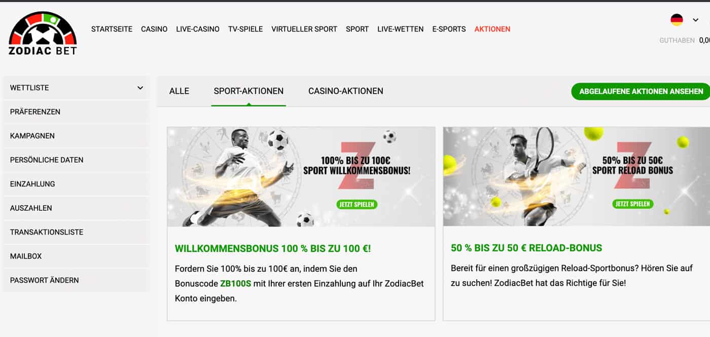 Zodiac Bet Bonus Aktionen