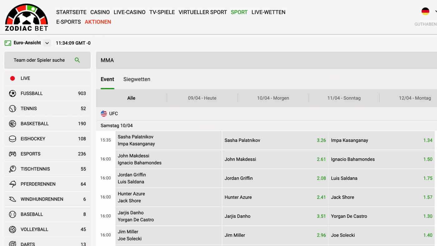 Zodiac Bet UFC Wetten