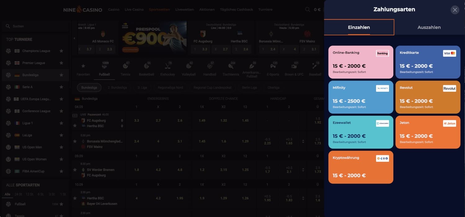 Nine Casino Sportwetten Zahlungen