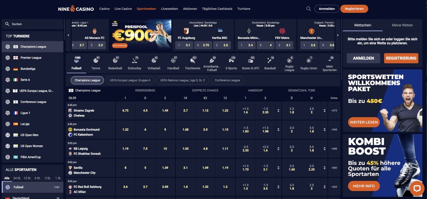 Nine Casino Sportwetten Fußball