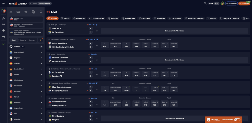 Nine Casino Live-Wetten