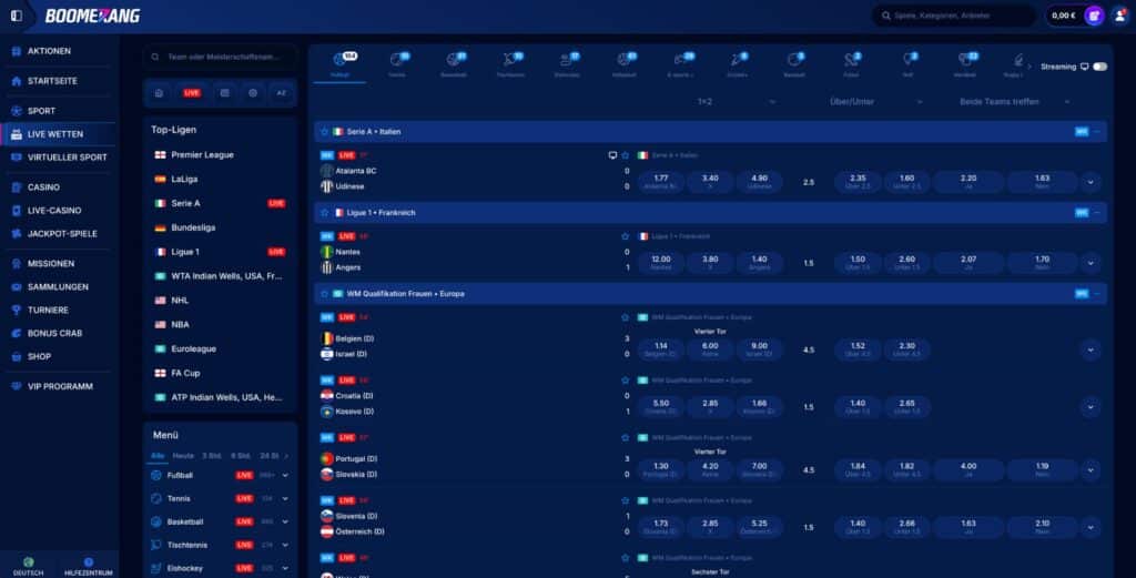 Boomerang Bet Live-Wetten